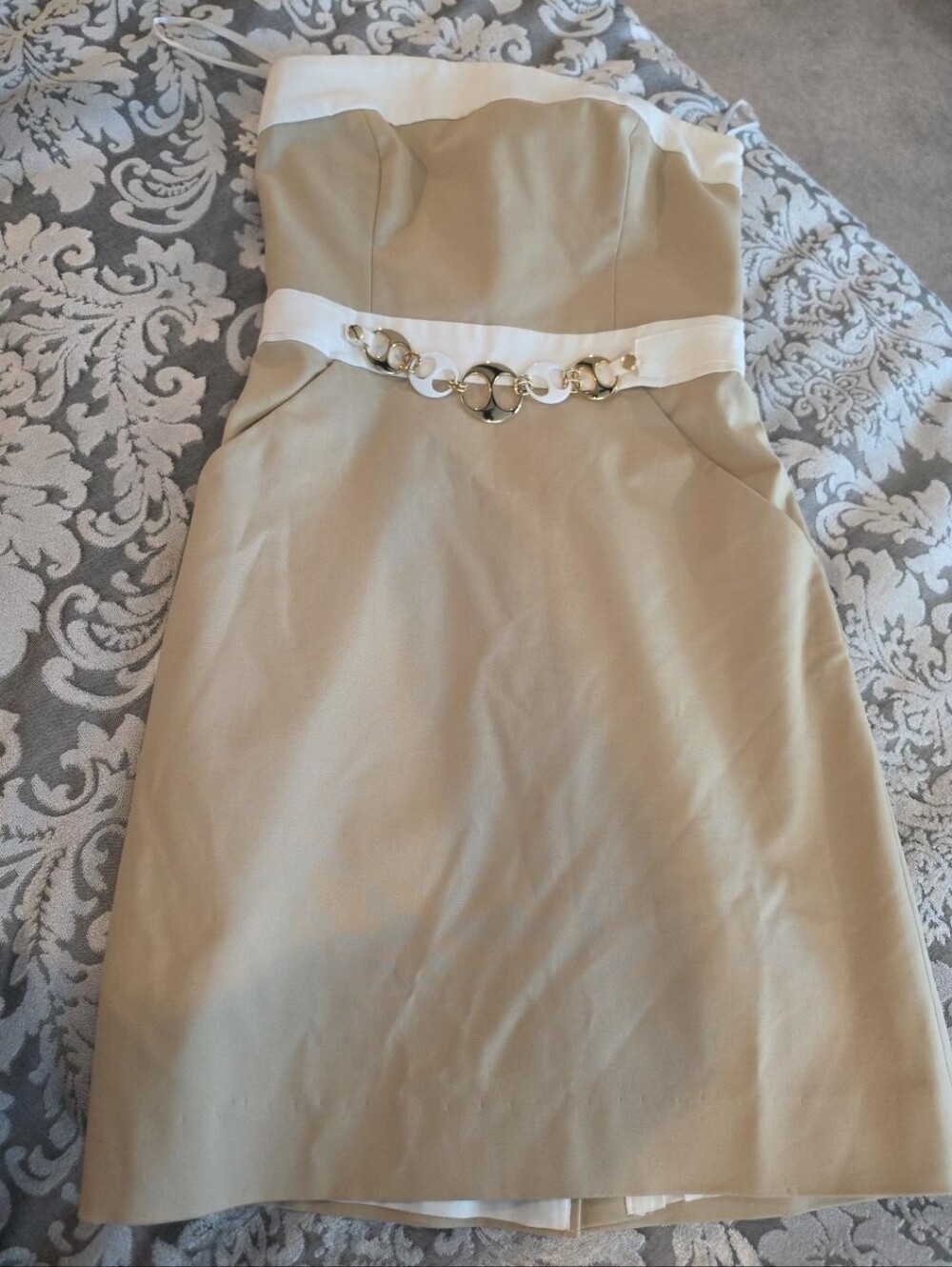 Milly of New York Strapless Dress 2 Beige Ivory Gold Chain Belt Cocktail